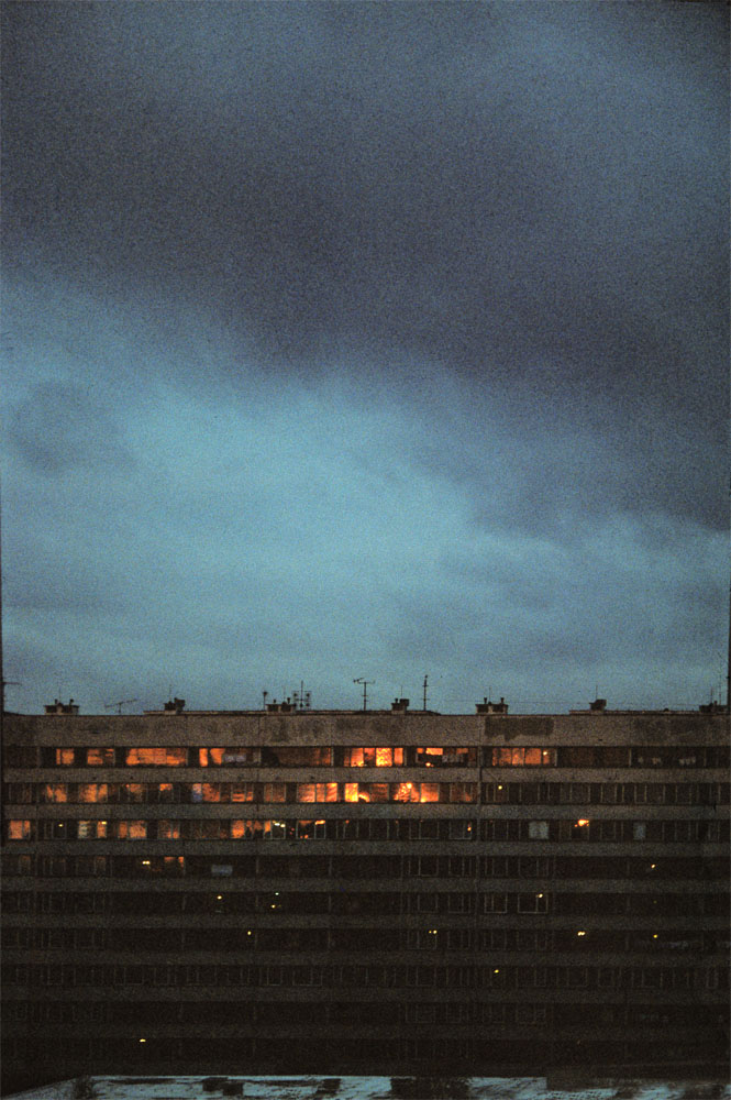 sídliště Prosek, Praha, Veltruská, západ slunce, mraky